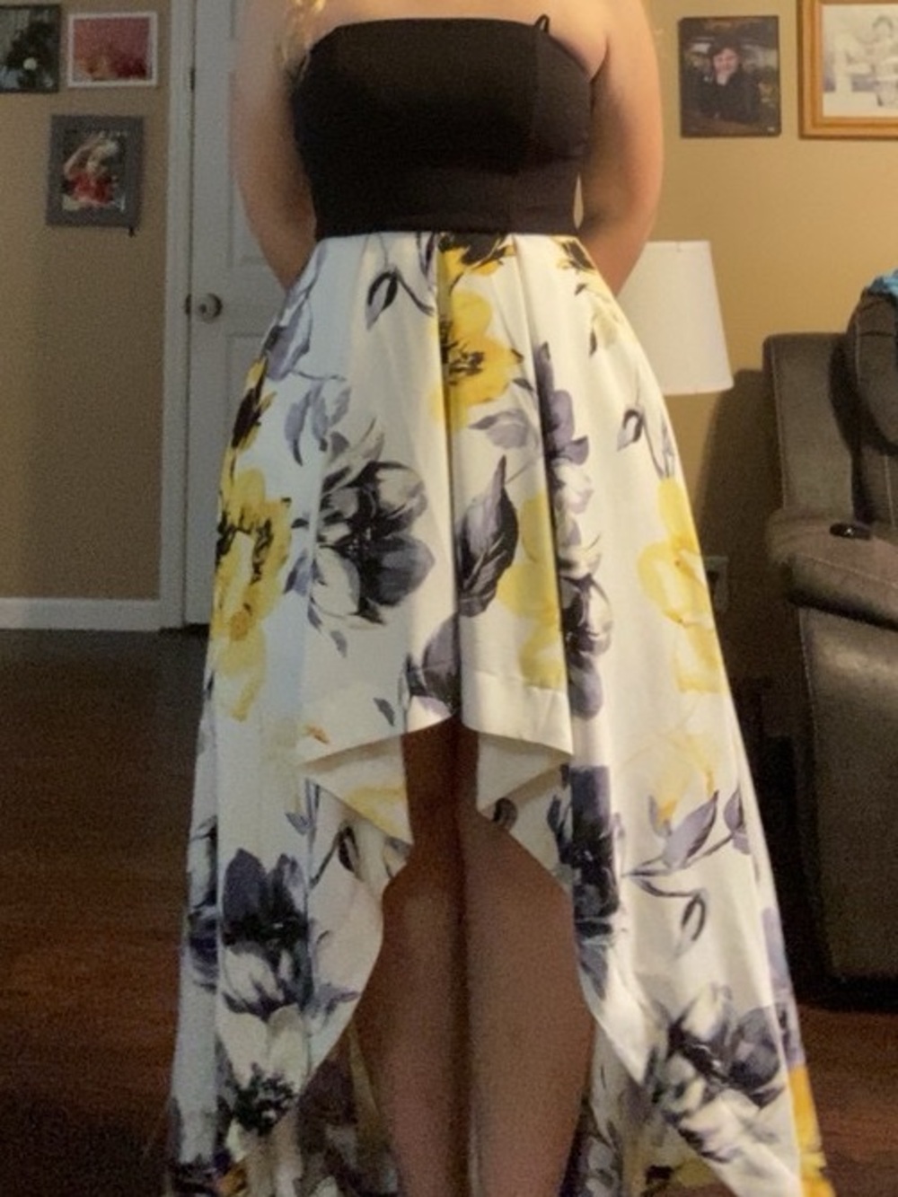 Speechless Strapless High-Low Floral Dress in Black, White & Yellow